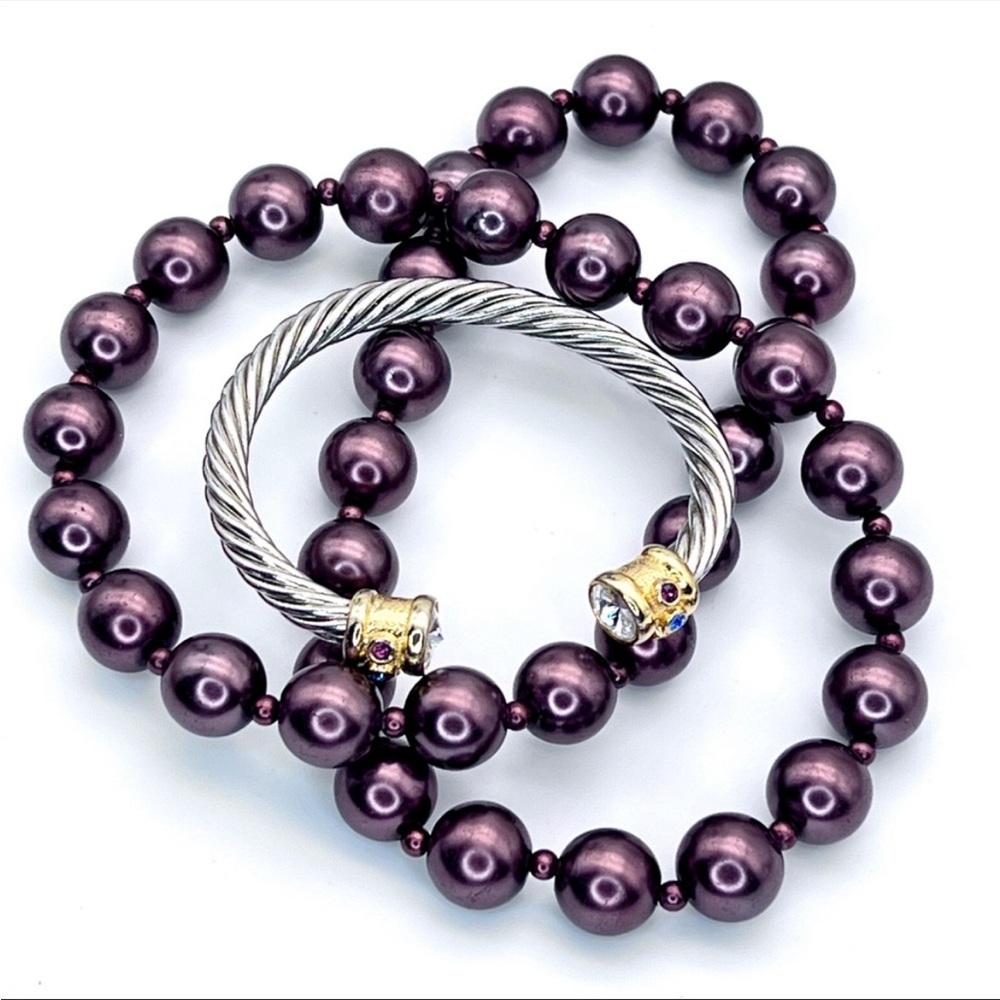 Burgundy Single Strand Pearl Necklace & Rhinestone Capped Silver Cuff Bracelet
